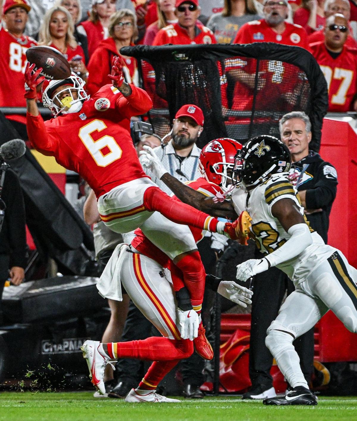 Kansas City Chiefs safety Bryan Cook (6) picks off a pass intended for New Orleans Saints wide receiver Rashid Shaheed (22) in the first quarter on Monday, Oct. 7, 2024, at GEHA Field at Arrowhead Stadium.