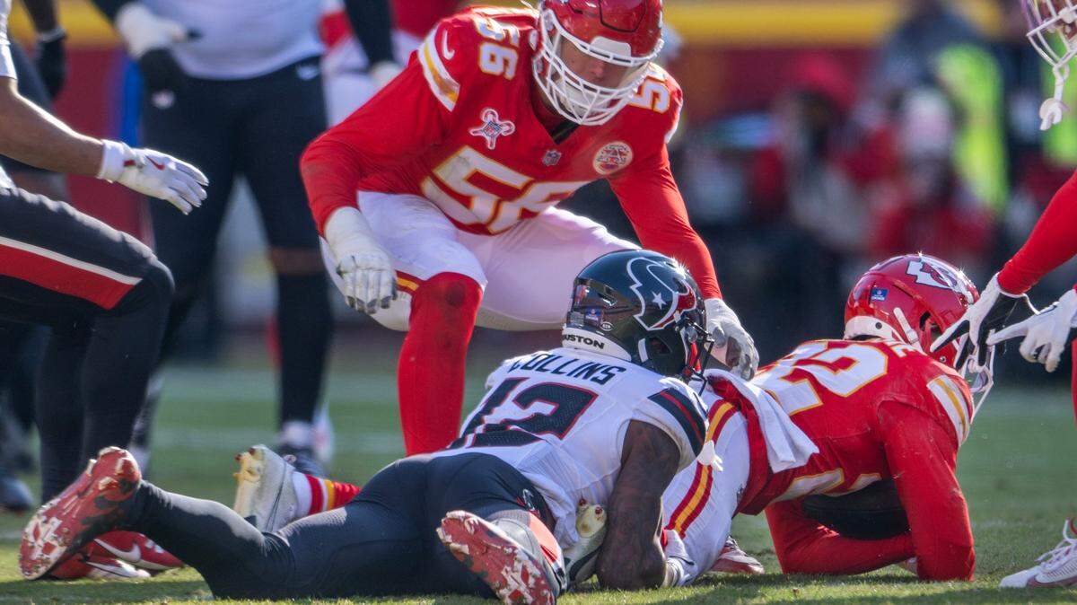 Kansas City Chiefs cornerback Trent McDuffie (22) intercepts a pass during the second quarter of an NFL game against the Houston Texans on Saturday, Dec. 21, 2024, at GEHA Field at Arrowhead Stadium.