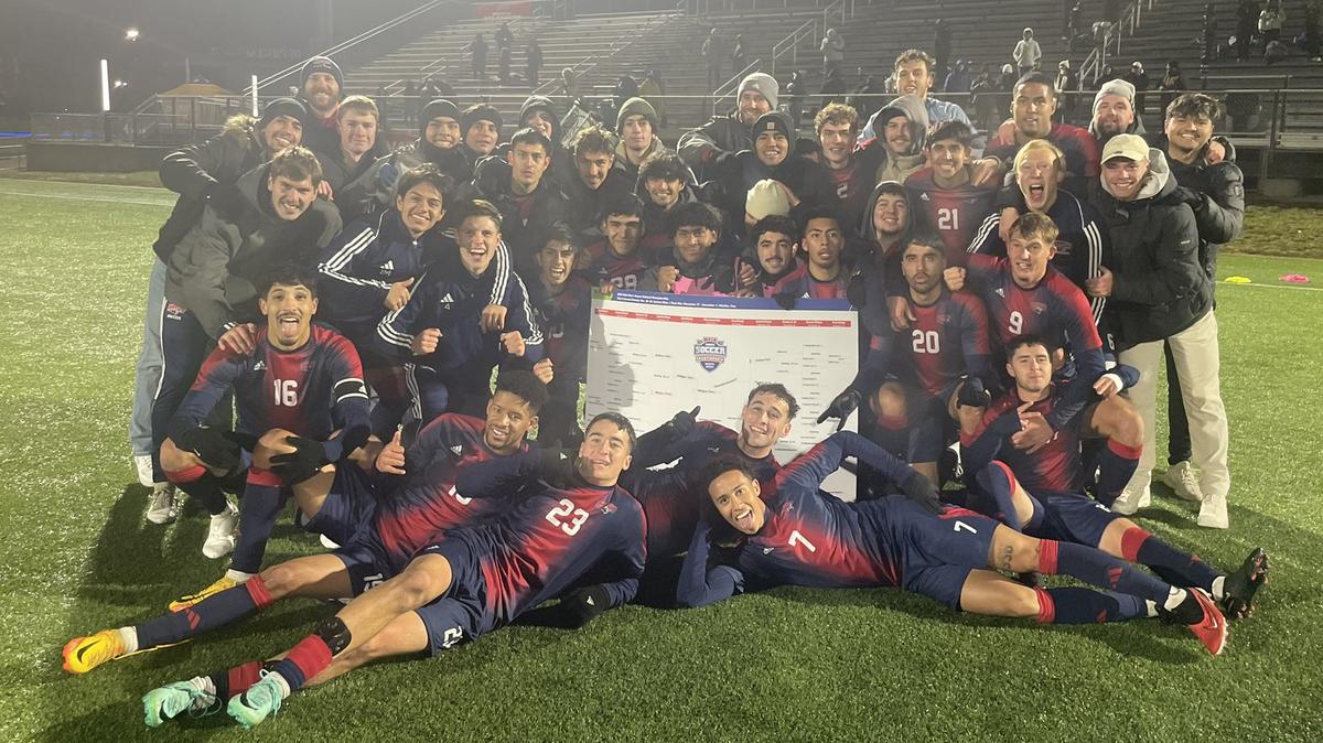 The MidAmerica Nazarene University men’s soccer team, shown after Saturday’s semifinal win against Oklahoma Wesleyan in Wichita, will play for the NAIA national championship on Monday, also in Wichita.