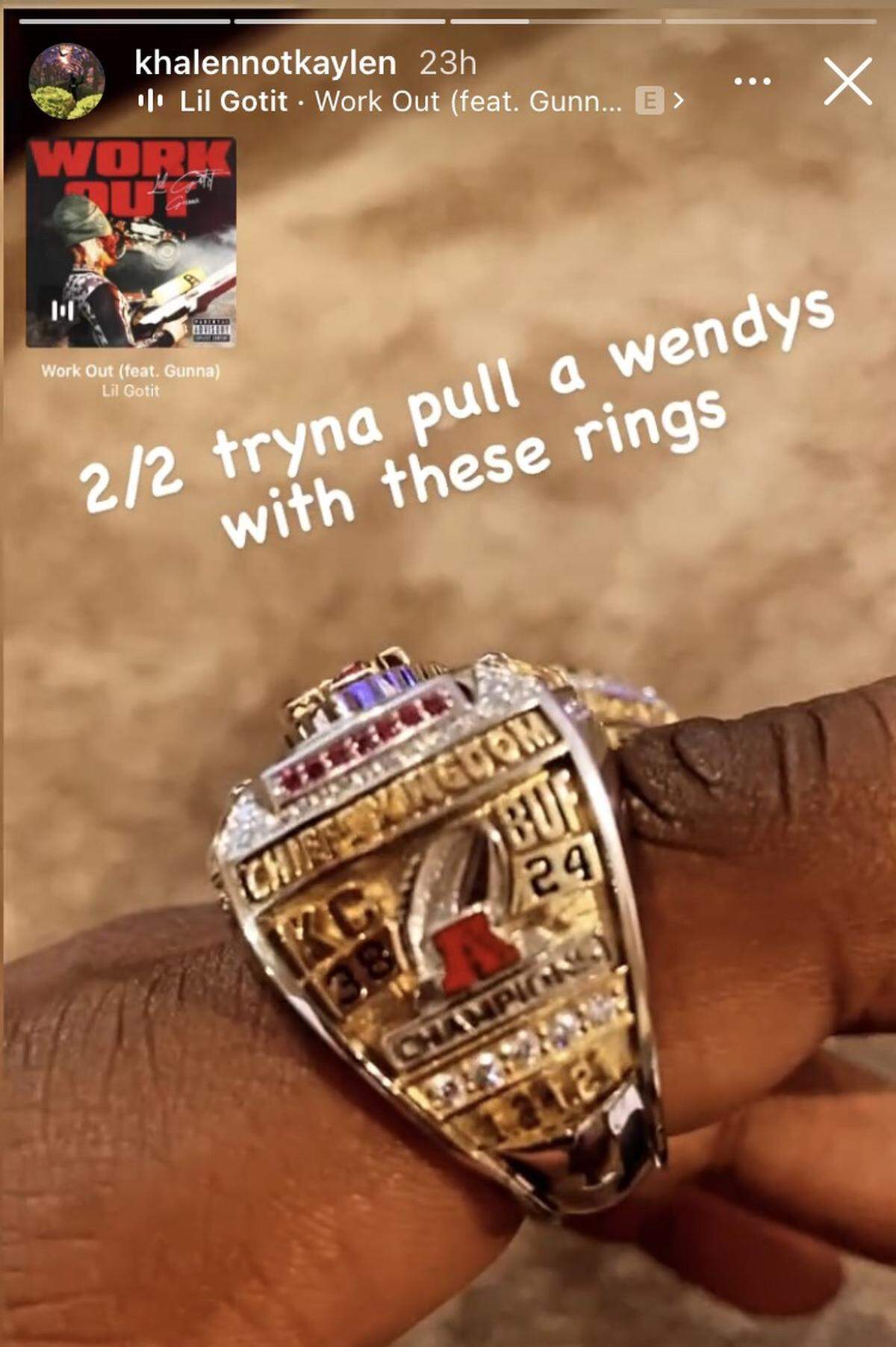 This is a better look at the AFC ring and you can see the score from the Chiefs’ win over the Bills.