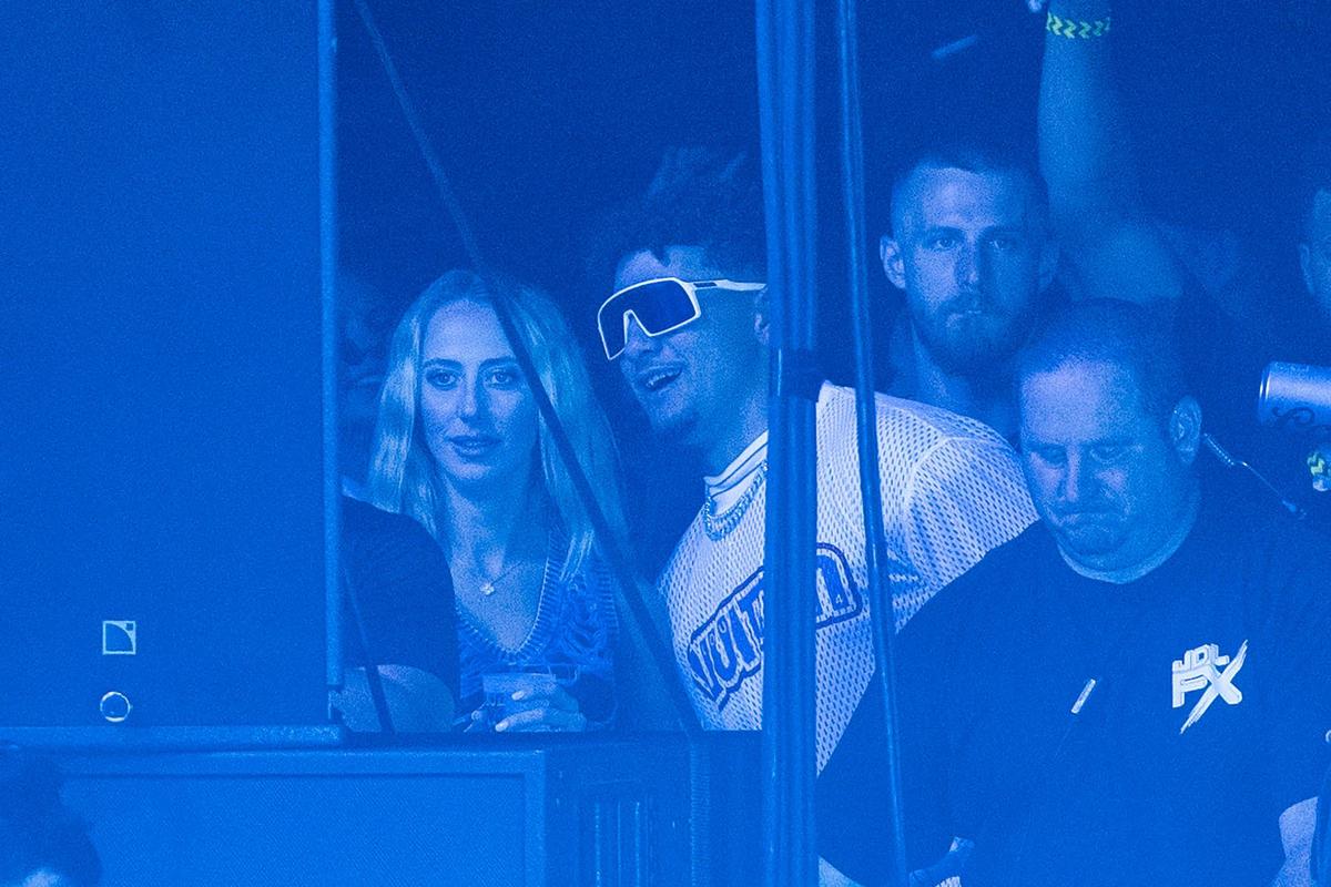 Kansas City Chiefs quarterback Patrick Mahomes and his wife, Brittany, are seen backstage during Kelce Jam at the Azura Amphitheater on Saturday, May 18, 2024, in Bonner Springs, Kansas.