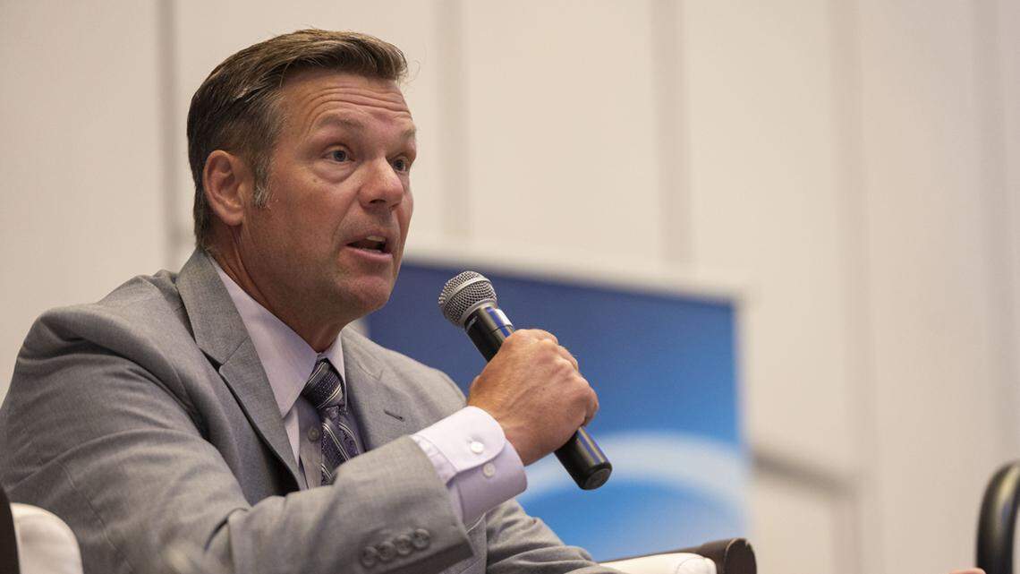 Kris Kobach, answers questions from a moderator during a Kansas Chamber of Commerce event at the Embassy Suites by Hilton on Wednesday, Sep. 7, 2022, in Olathe.