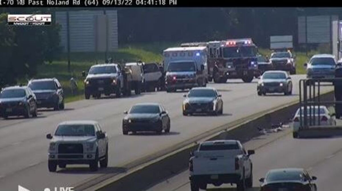 Kansas City Scout camera footage taken at 4:41 p.m. Tuesday, Sept. 13, 2022, shows the site of a multi-vehicle crash on Interstate 70 westbound, west of Noland Road, that backed up traffic prior to the afternoon rush hour.