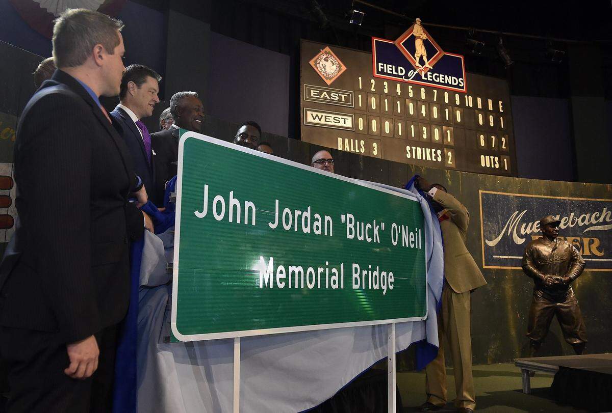 The ceremony to formally rename the bridge the John Jordan “Buck” O’Neil Memorial Bridge is held at the Negro Leagues Baseball Museum in 2016.