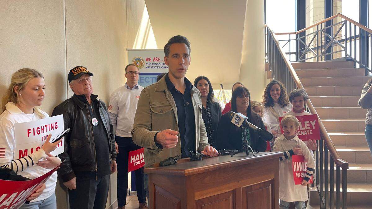 Missouri Republican Sen. Josh Hawley speaks with reporters after filing for reelection at the Missouri Secretary of State’s Office in Jefferson City.