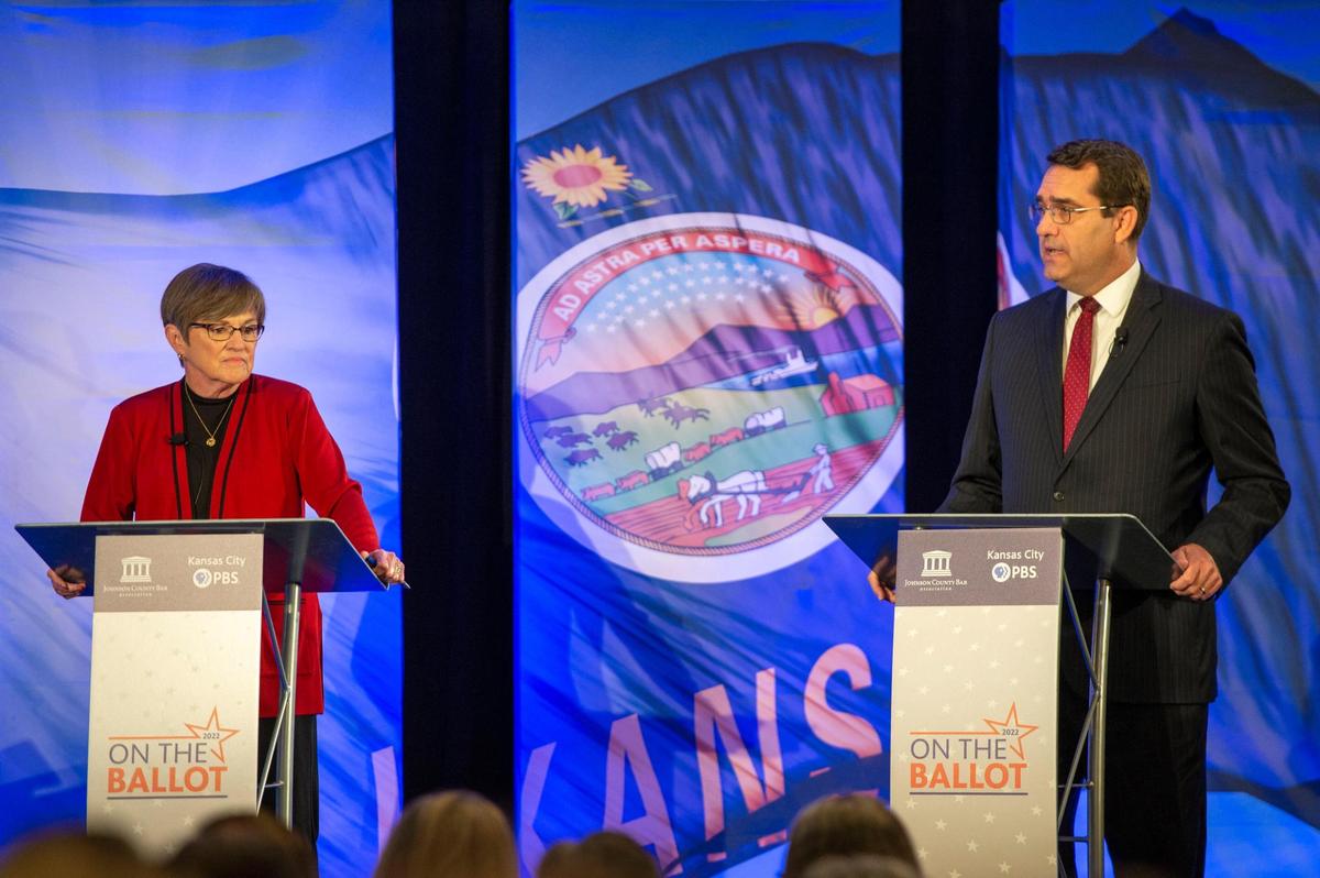 Gov. Laura Kelly and Attorney General Derek Schmidt square off in a final gubernatorial debate before November’s election Wednesday, October 5, 2022, at the Doubletree Hotel in Overland Park.