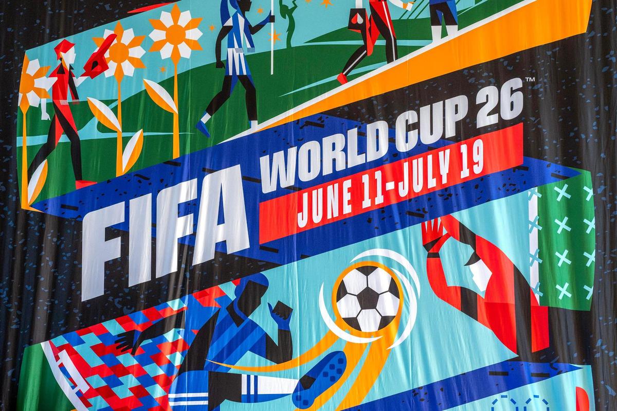 A banner featuring the Kansas City FIFA World Cup design is displayed during the One Year To Go press conference at Union Station on Wednesday, June 11, 2025, in Kansas City.