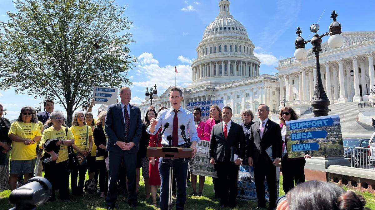 Sen. Josh Hawley speaks at a press conference outside of the U.S. Capitol on Sept. 20, 2023 in favor of expanding benefits for people who are sick after being exposed to nuclear bomb testing and uranium mining. Hawley was spurred to action by nuclear contamination in Coldwater Creek.