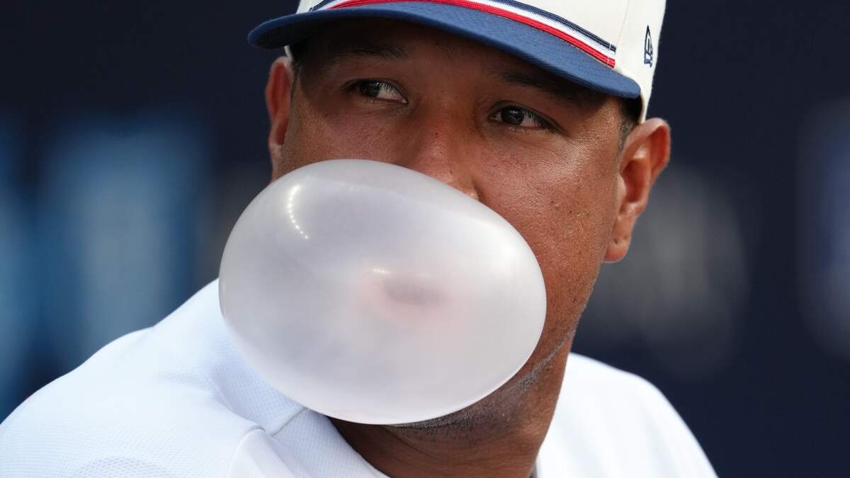 Royals captain Salvador Perez blows a bubble before the first pitch in a Fourth of July MLB game against the Philadelphia Phillies at Kauffman Stadium in Kansas City on Saturday, July 4, 2026.