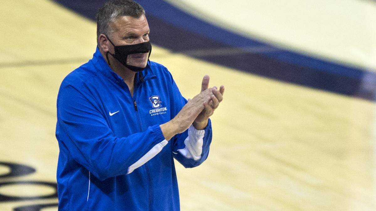 Creighton coach Greg McDermott cheers on his players as they take on Kennesaw State during the second half of an NCAA college basketball game in Omaha, Neb., Friday, Dec. 4, 2020. (AP Photo/Kayla Wolf)