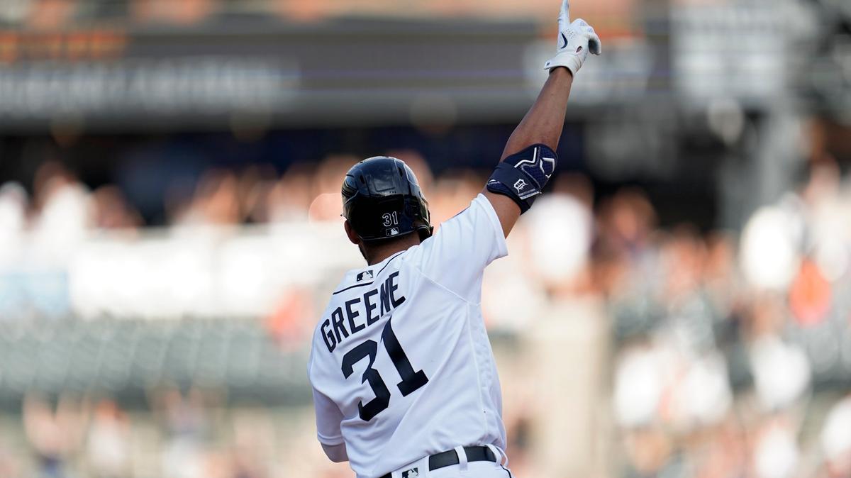 Detroit Tigers’ Riley Greene celebrates his home run in the ninth inning of a baseball game against the Kansas City Royals in Detroit, Saturday, July 2, 2022. (AP Photo/Paul Sancya)