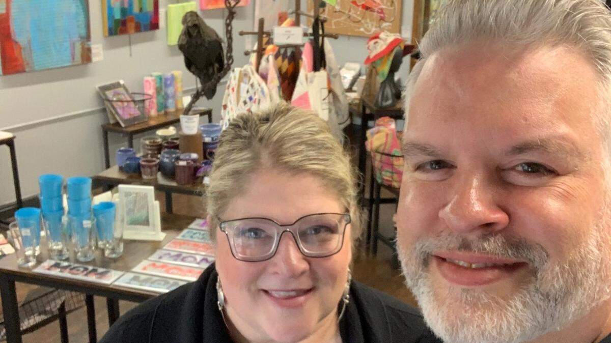 Tanis and Michael Meyers, owners of Tilted Door Gallery and Gifts in downtown Overland Park, sell a variety of gifts and art pieces made by artists around the country.