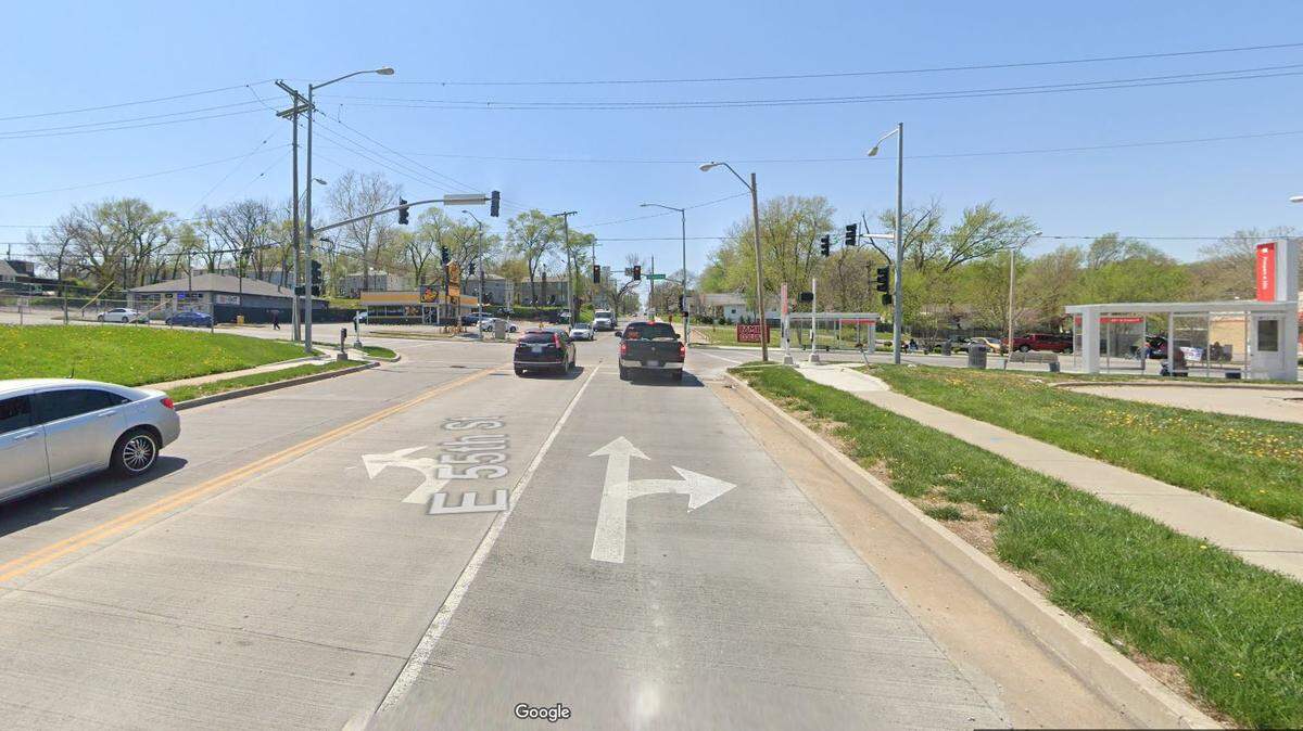 Two people died after one of two SUVs that were racing each other crashed into a third vehicle Sunday night at the intersection of East 55th Street and Prospect Avenue in Kansas City, police said. The force of the crash sent the third vehicle careening into the RideKC bus stop, demolishing it. This Google Maps Street View image of the area is from 2022.