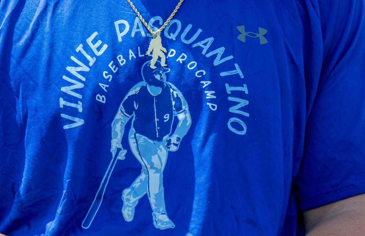 Kansas City Royals first baseman Vinnie Pasquantino wears a Sasquatch or Bigfoot necklace during the Vinnie Pasquantino Baseball ProCamp at Grandview High School on Thursday in Grandview, Missouri.