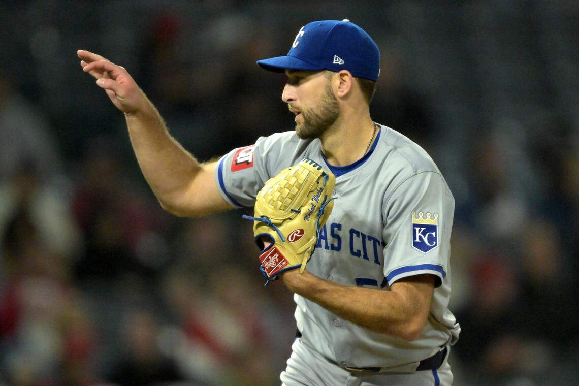 Kansas City Royals pitcher Michael Wacha (52) delivers to the plate in the sixth inning against the Los Angeles Angels at Angel Stadium on May 9, 2024.