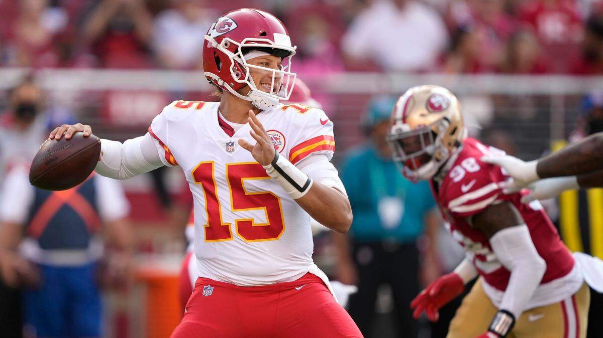 Kansas City Chiefs quarterback Patrick Mahomes passes against the San Francisco 49ers during the first half of Saturday’s NFL preseason game in Santa Clara, Calif.