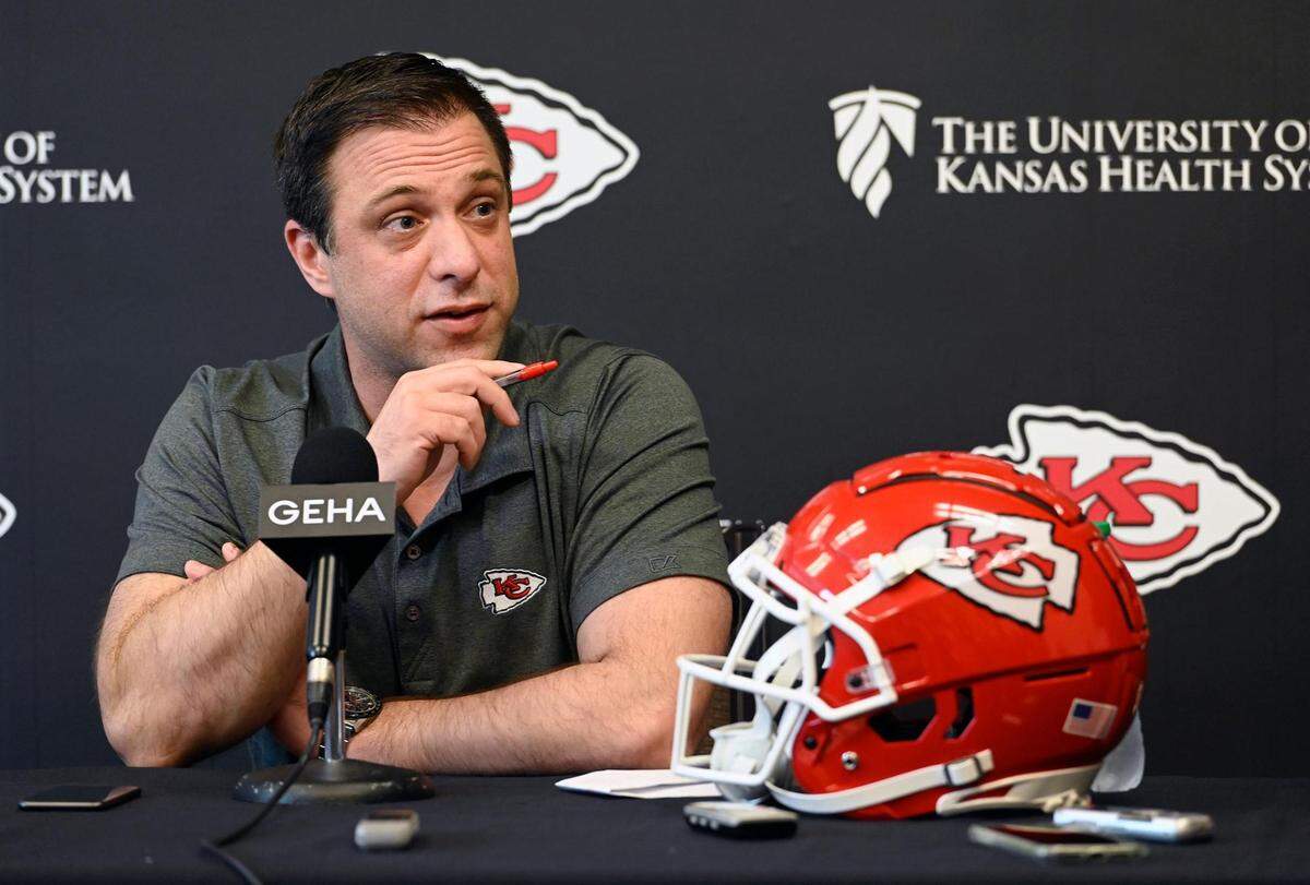 Kansas City Chiefs general manager Brett Veach talks about the upcoming NFL Draft during a news conference at team headquarters on Friday.