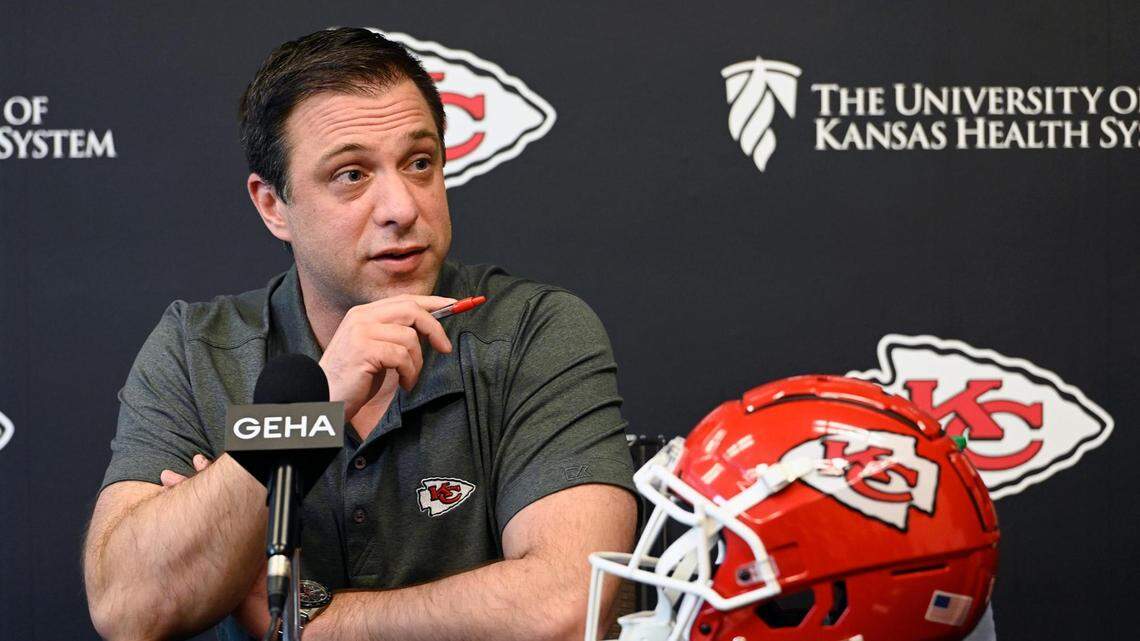 Kansas City Chiefs general manager Brett Veach talks about the upcoming NFL Draft during a news conference at team headquarters on Friday.