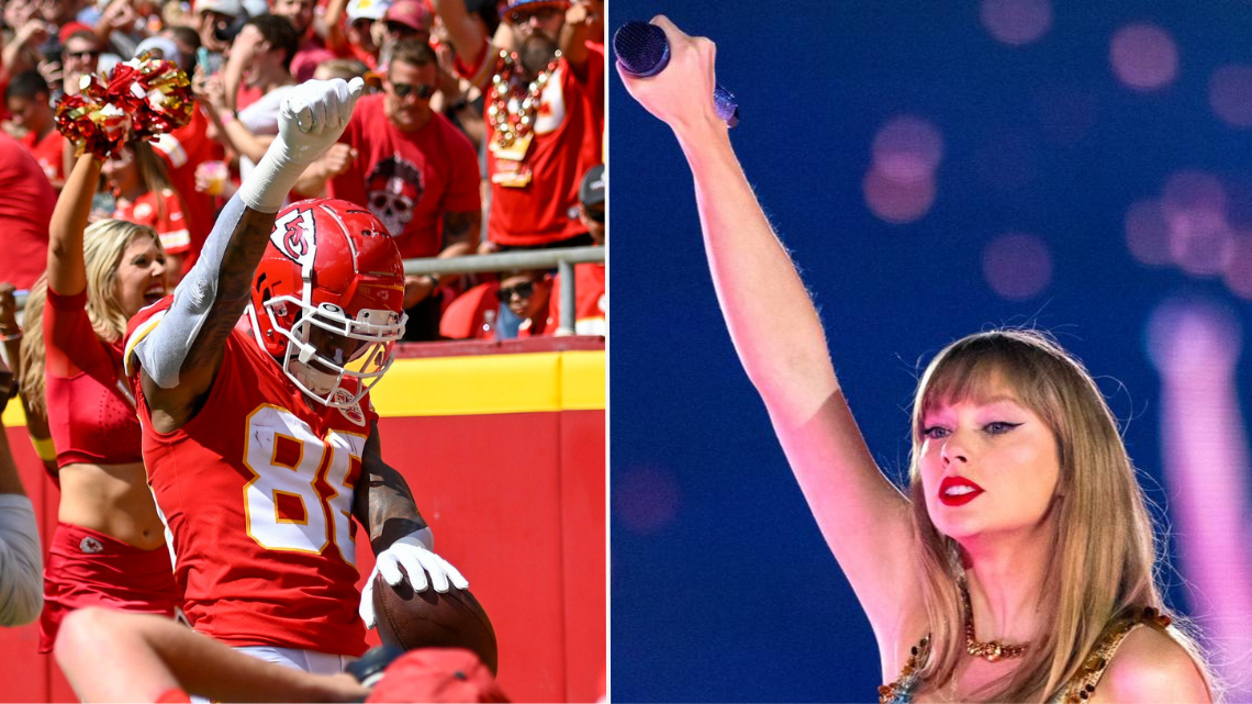 At left, Kansas City Chiefs tight end Jody Fortson celebrates a score during an August 2022 game. At right, Taylor Swift pauses during a concert in Arlington, Texas, in March.