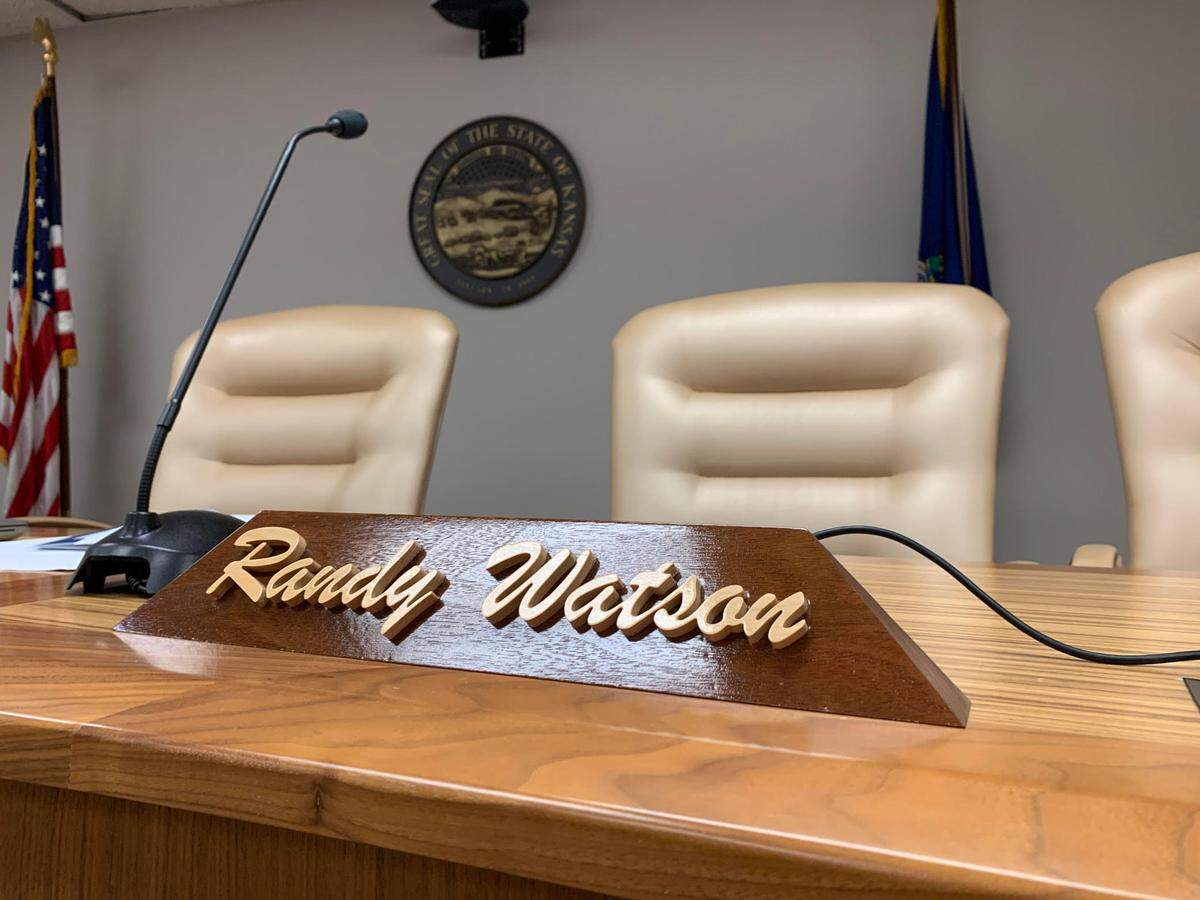Kansas Education Commissioner Randy Watson’s nameplate in the Kansas Board of Education meeting room in Topeka. Watson submitted a letter of resignation Friday.
