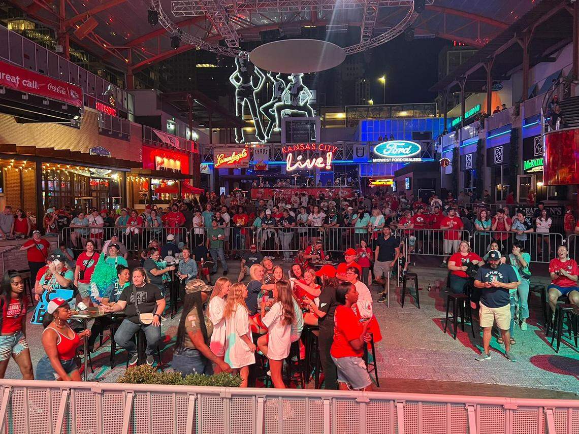 Kansas City Current fans watch the team on the big screen in the KC Live! Block on Sunday.