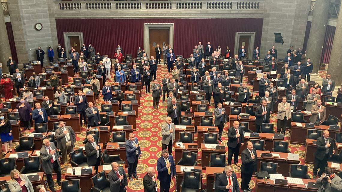 Members of the Missouri House of Representatives recite the Pledge of Allegiance as they begin their annual legislative session Wednesday, Jan. 5, 2022, in Jefferson City, Missouri.