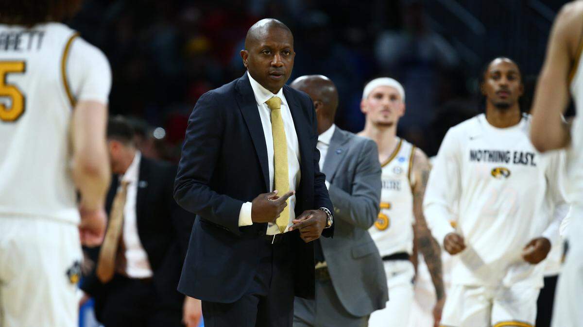 Missouri Tigers head coach Dennis Gates in the second half of a first round men’s NCAA Tournament game against the Drake Bulldogs at Intrust Bank Arena on March 20, 2025.