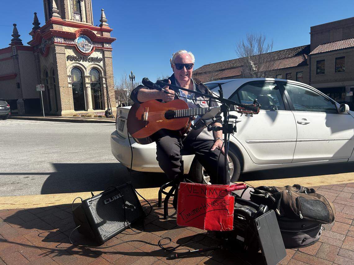 Timothy Hayes was busking on the Country Club Plaza on Monday afternoon.