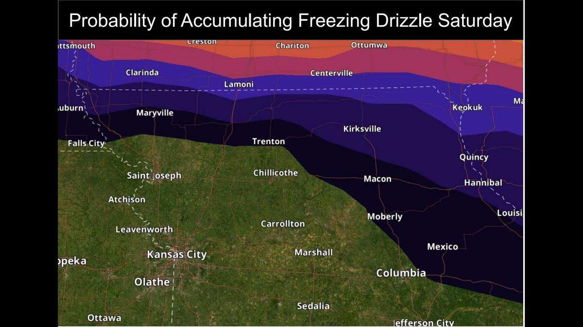 A weather disturbance is expected to pass through the area on Saturday, bringing a chance for rain, especially in the eastern parts of the Kansas City forecast area, according to the National Weather Service. Temperatures should be warm enough to keep precipitation mostly rain, but northeast Missouri may see temperatures drop below freezing, leading to the possibility of a light freezing drizzle.