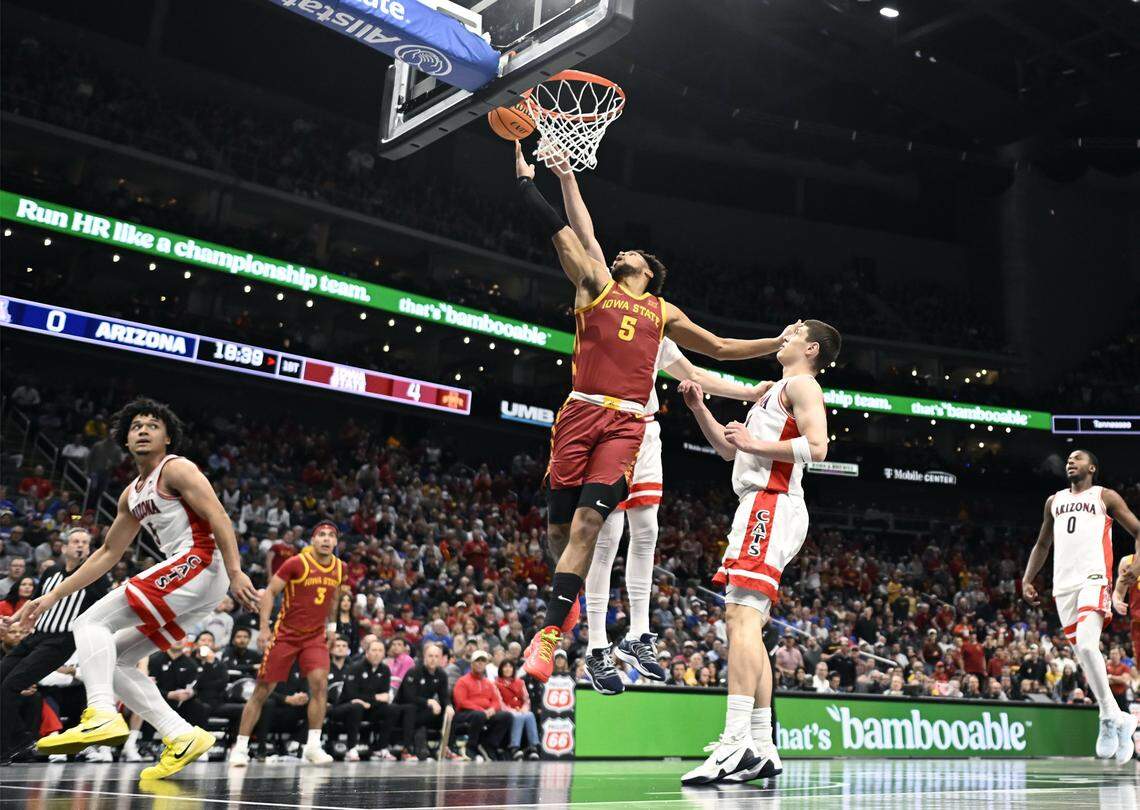 Iowa State Cyclones forward Joshua Jefferson (5) shoots against the Arizona Wildcats during a semifinal game at the Big 12 Men’s Basketball Tournament inside Kansas City’s T-Mobile Center on Friday, March 13, 2026.