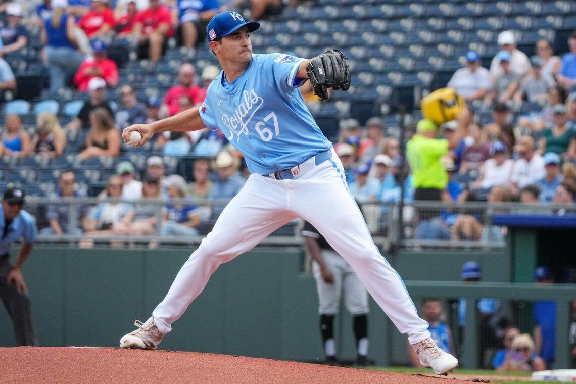 Kansas City Royals starting pitcher Seth Lugo delivers against the Chicago White Sox during Sunday’s game at Kauffman Stadium.