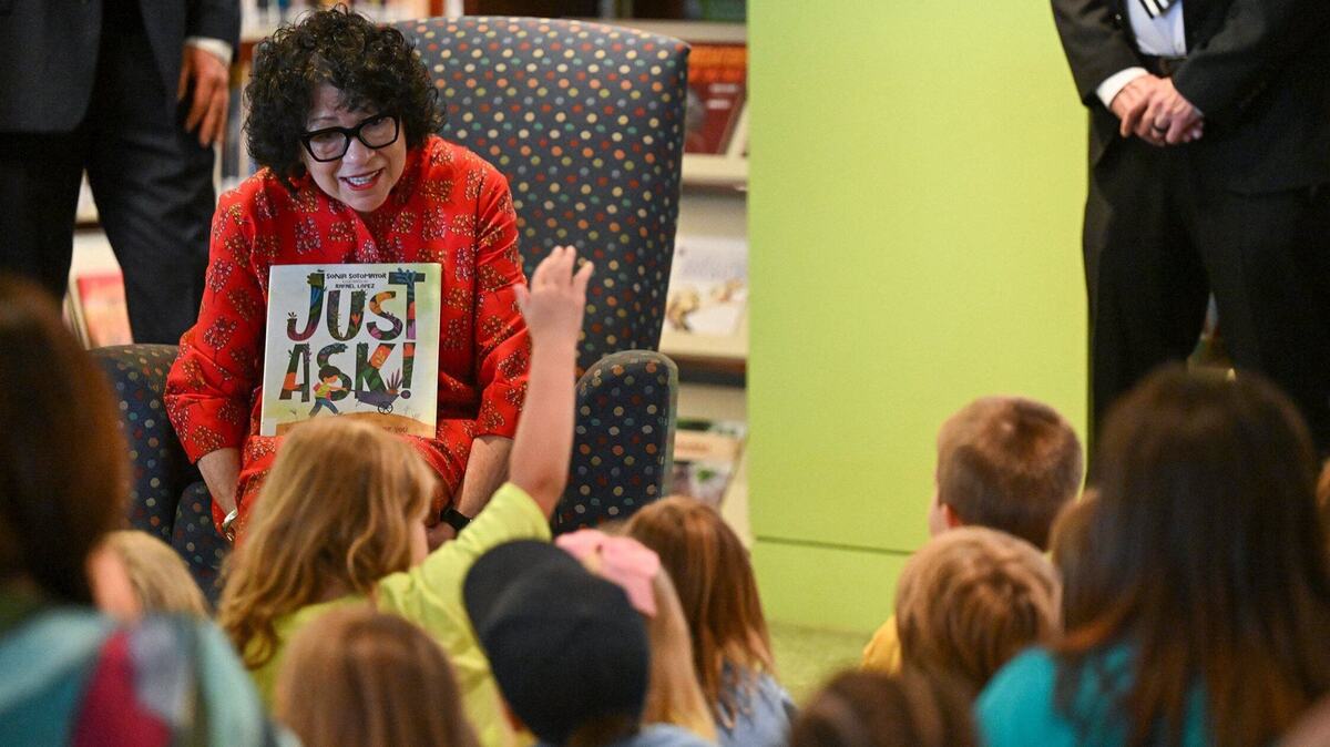 Supreme Court Justice Sonia Sotomayor talks to children Friday at the Central Library in Kansas City where she read her book “Just Ask! Be Different, Be Brave, Be You” out loud to the children.