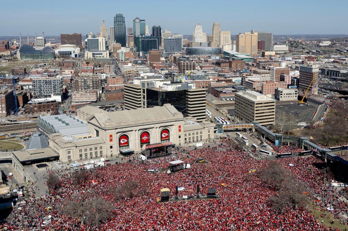 Thousands of people gather on the North Lawn of the National WWI Museum and Memorial during the Kansas City Chiefs Super Bowl LVIII victory rally on Wednesday, Feb. 14, 2024, in Kansas City.