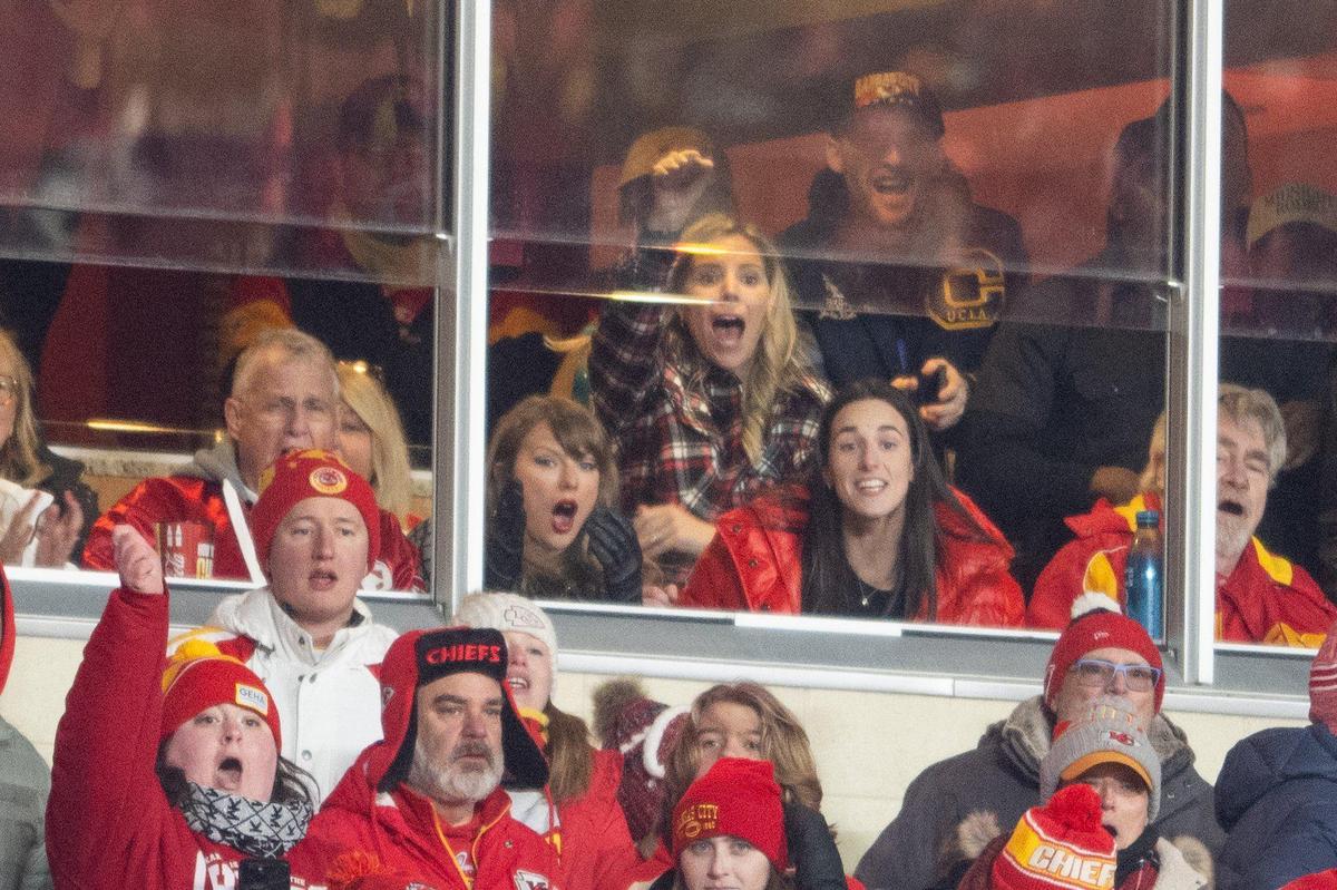 Taylor Swift and Caitlin Clark react to a blocked field goal in the second half of the Chiefs AFC Divisional Round playoff game vs. the Houston Texans on Jan. 18, 2025, at GEHA Field at Arrowhead Stadium.