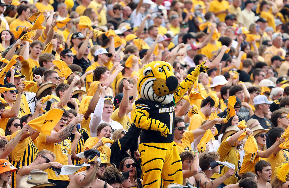 The Missouri Tigers mascot, Truman, energizes the crowd during the game between the Alabama Crimson Tide and the Missouri Tigers at Faurot Field at Memorial Stadium on October 11, 2025 in Columbia.