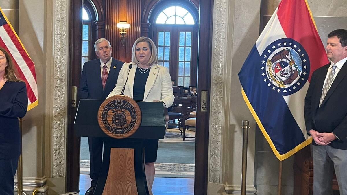 Missouri Gov. Mike Parson (left) selected Kelly C. Broniec (center) as the state’s next Supreme Court judge on Tuesday in Jefferson City. 