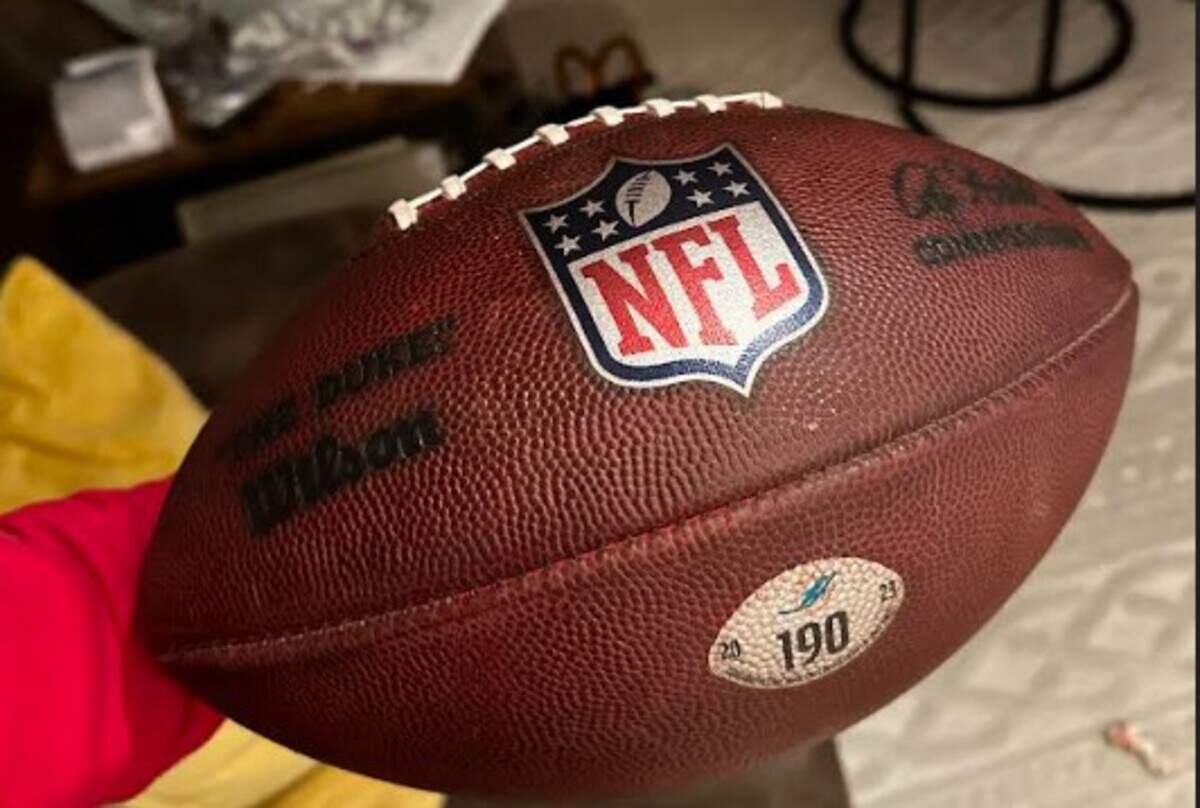 This football was in use in Saturday’s game until it was caught in the stands by a Chiefs fan.