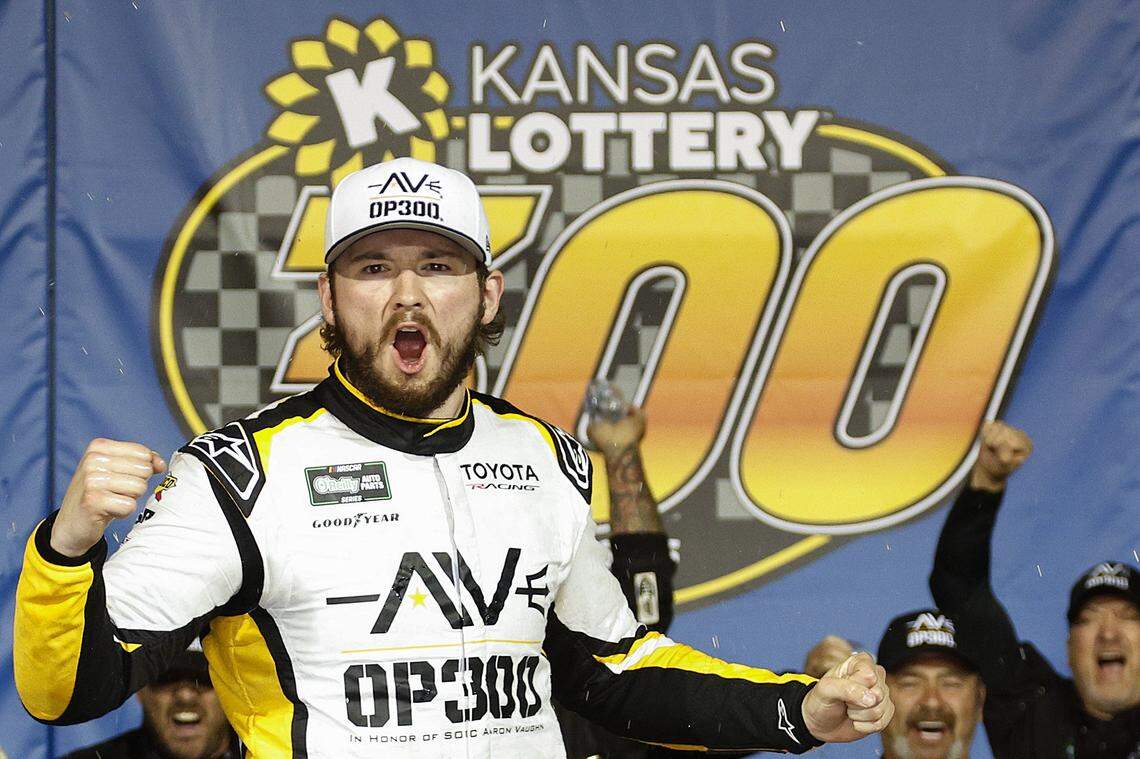 Driver Taylor Gray celebrates in Victory Lane at Kansas Speedway after winning the Kansas Lottery 300 NASCAR O’Reilly Auto Parts Series race on Saturday, April 18, 2026 in Kansas City, Kansas.