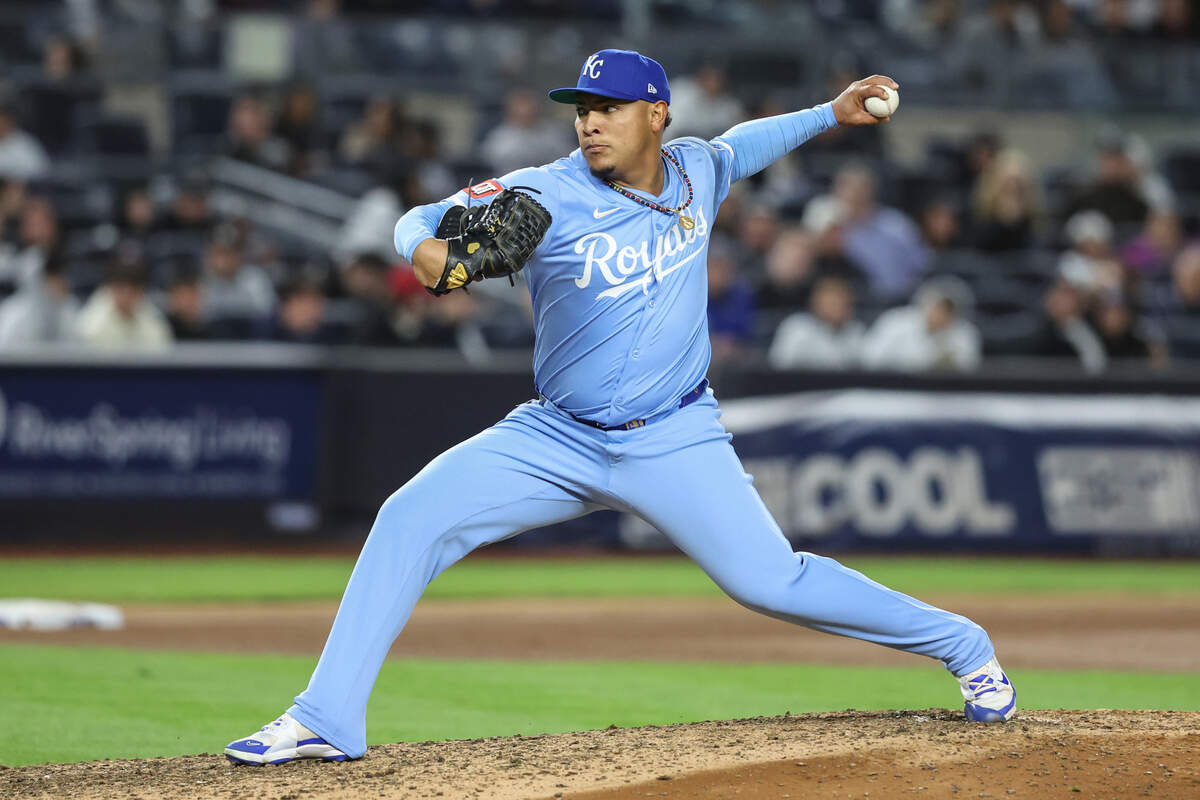 Kansas City Royals relief pitcher Angel Zerpa (61) pitches in the seventh inning against the New York Yankees at Yankee Stadium. All players wore #42 for Jackie Robinson Day on Apr 15, 2025 in Bronx, New York, USA.