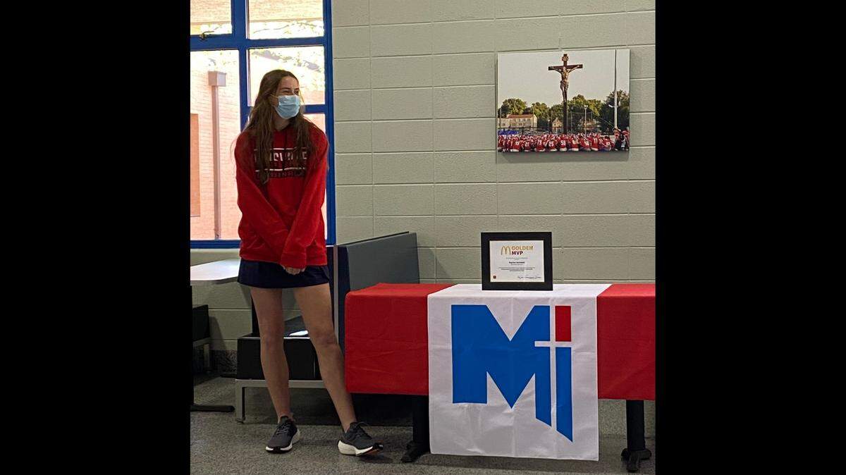 Bishop Miege girls basketball standout Payton Verhulst was presented a McDonald’s All American Games team finalist certificate by area McDonald’s owner-operators during a special ceremony Wednesday at the high school.