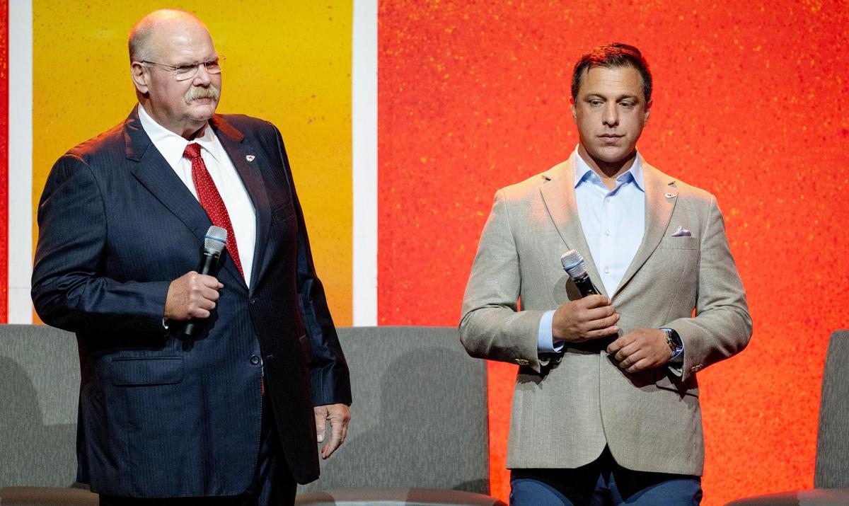 Kansas City Chiefs coach Andy Reid, left, and general manager Brett Veach speak during the Chiefs’ annual Kickoff Luncheon at the Loews Hotel on Thursday, Aug. 24, 2023, in Kansas City.