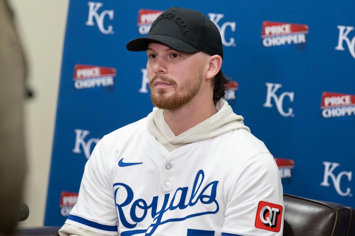 Kansas City Royals shortstop Bobby Witt Jr. takes questions from the media during a press conference at Royals Rally Fan Fest on Saturday, Feb. 1, 2025, at Kauffman Stadium.