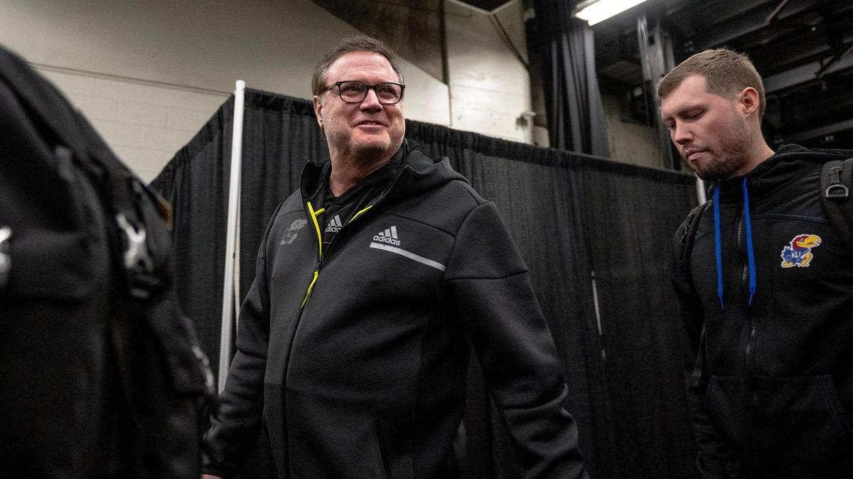 Kansas head coach Bill Self exits the court after leading his team in practice a day before it plays Arkansas in the NCAA Tournament Friday, March 17, 2023, in Des Moines, Iowa.