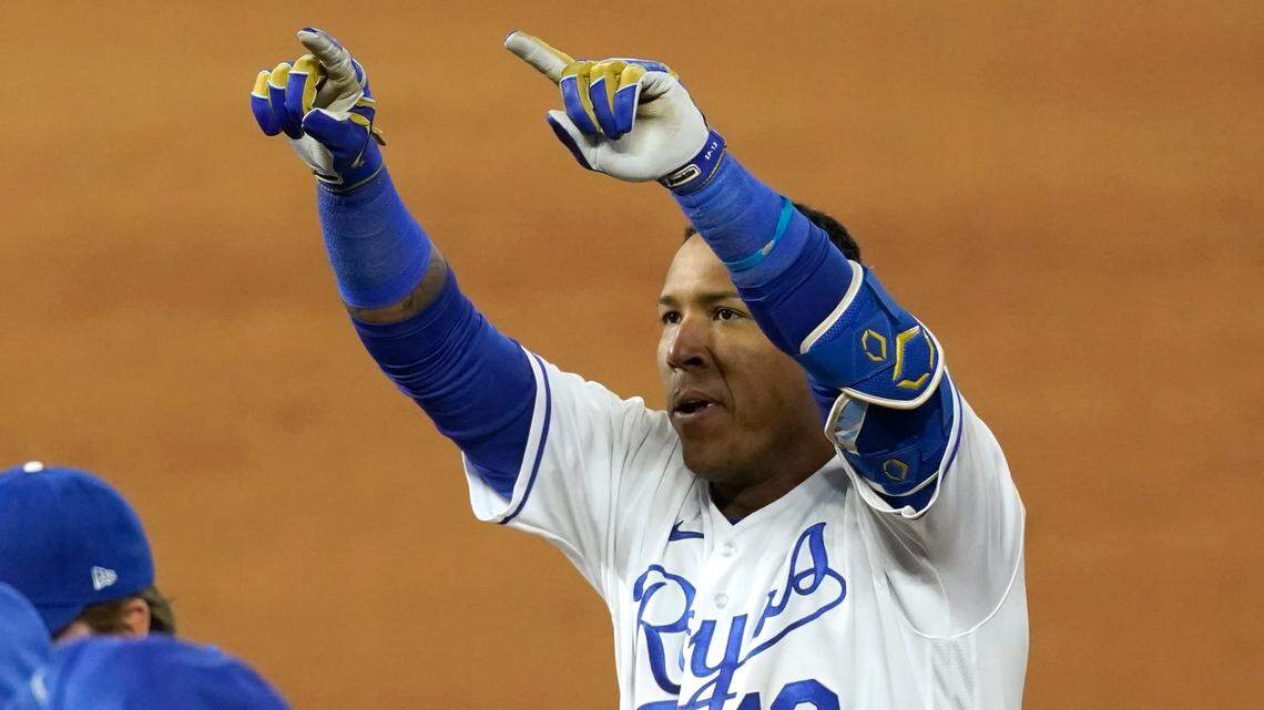 Kansas City Royals’ Salvador Perez celebrates after hitting a walk-off single during the ninth inning of a baseball game against the Tampa Bay Rays Wednesday, April 21, 2021, in Kansas City, Mo. The Royals won 9-8. (AP Photo/Charlie Riedel)