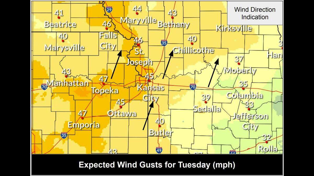 A wind advisory has been issued for the Kansas City area as strong winds with gusts up to 50 mph is expected on Tuesday, according to the National Weather Service. The strong winds has raised concerns that any fires could spread rapidly and be hard to control.