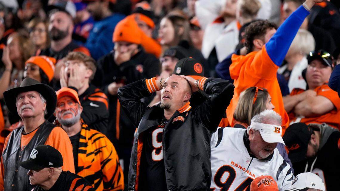 Fans reacts as a Cincinnati Bengals place kicker Cade York (3) field goal attempt is no-good in overtime of the NFL Week 17 game between the Cincinnati Bengals and the Denver Broncos at Paycor Stadium in downtown Cincinnati on Saturday, Dec. 28, 2024. The Bengals took a 30-24 win in overtime to remain in the post season chase.