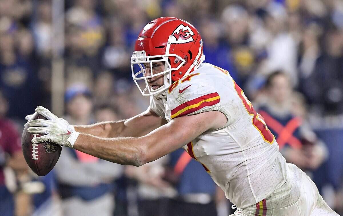 Kansas City Chiefs tight end Travis Kelce reached for a touchdown reception in the third quarter against the Rams in Los Angeles. It was Chiefs quarterback Patrick Mahomes’ 35th touchdown pass of the regular season.