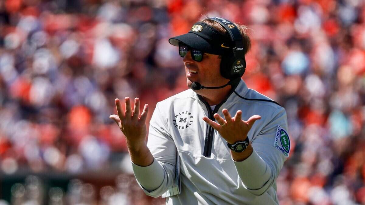 Missouri head coach Eliah Drinkwitz reacts during the first half of an NCAA college football game against Auburn, Saturday, Sept. 24, 2022 in Auburn, Ala. (AP Photo/Butch Dill)