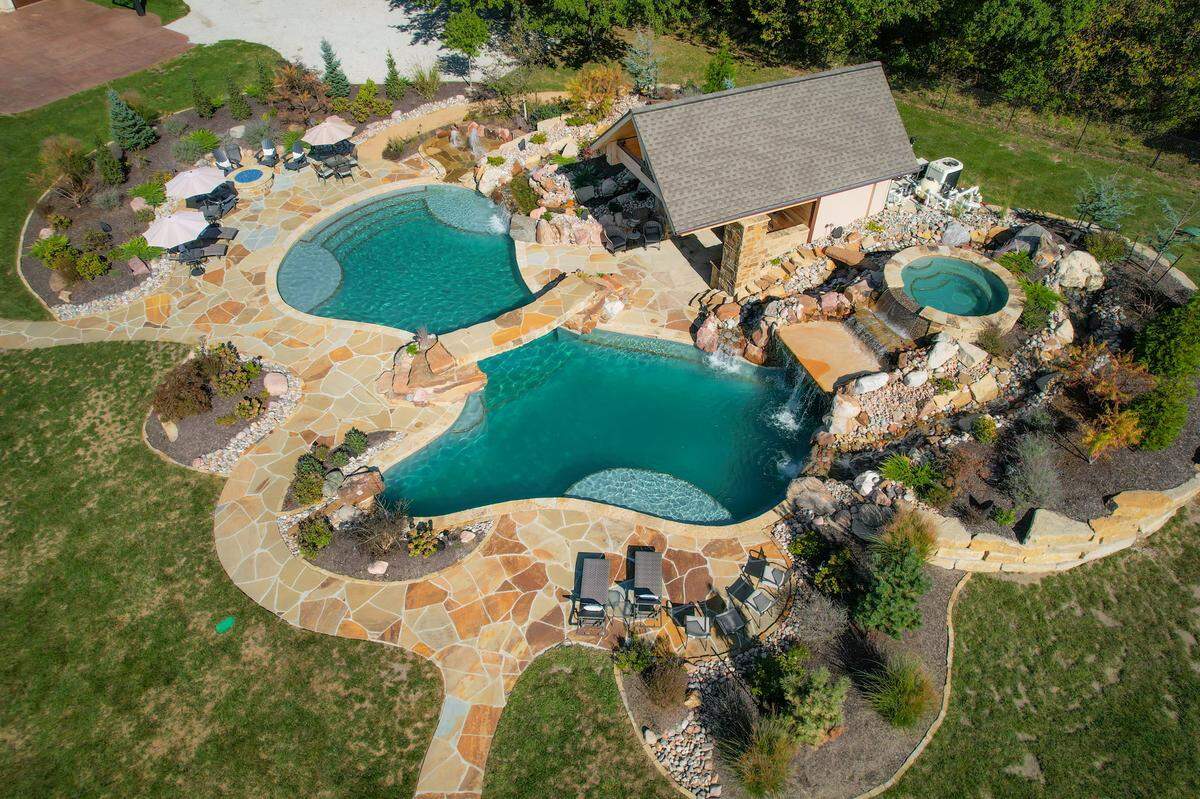 An aerial view shows the custom-built pool at 33901 E. Colbern Road in Lone Jack, Missouri. The home was owned by Strange Music CEO Travis O’Guin, and after he sold it, the new owner installed the pool, which was featured in a Tech N9ne music video in 2023.