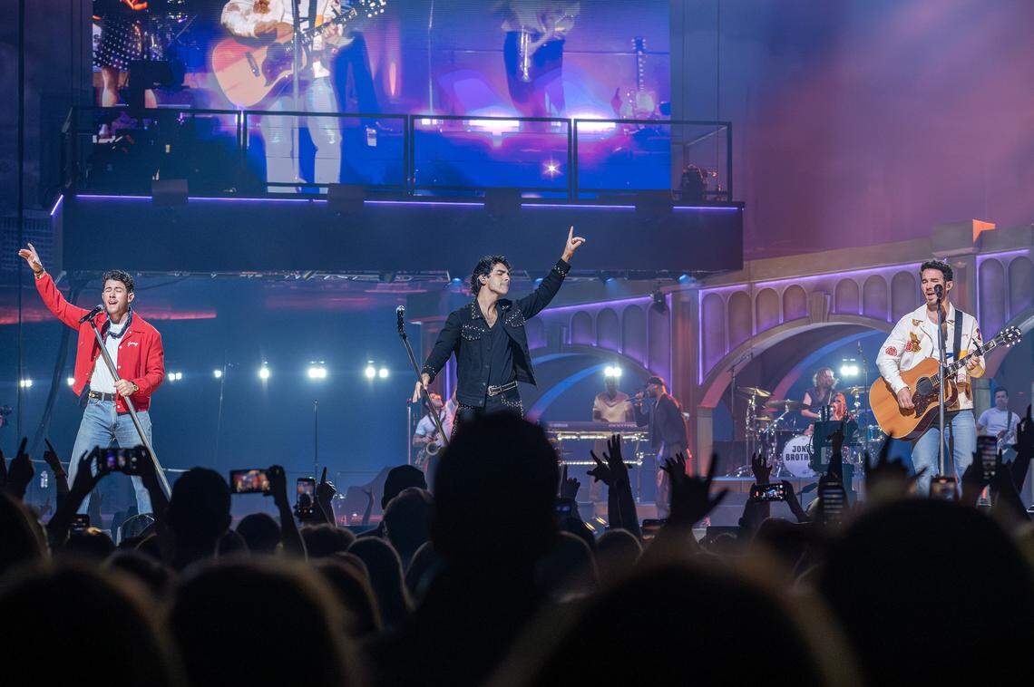 The Jonas Brothers perform the song “Video Girl,” during their Jonas 20: Greetings from Your Hometown tour at T-Mobile Center on Tuesday, Oct. 7, 2025, in Kansas City.